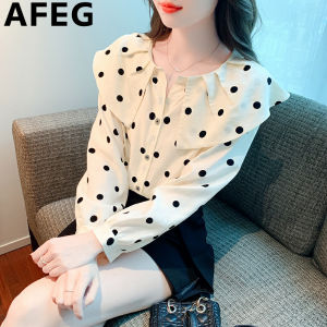 AFEG Korean doll collar fashion loose thin polka dot chiffon long sleeve shirt