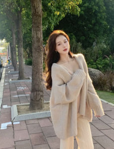 เสื้อคาร์ดิแกนถักนิตติ้งสไตล์เกาหลี ทรงหลวม แขนยาว ปกโปโล สำหรับผู้หญิง ฤดูใบไม้ร่วง 2024 ผ้าขนสัตว์ผสม