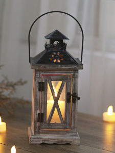 American Retro Candlestick Distressed Solid Wood Storm Lantern Candlestick Wrought Iron Candlestick Storm Light Storm Lantern Dining Table Decorations Home Decoration
