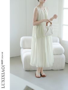 LUXIXIAO Summer New Loose Sleeveless Double Pocket Design Korean Style Striped Vest Dress Elegant Atmosphere H Version Midi Skirt