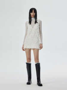 Showroomplus Fall 2025 White V-neck Tassel Dress Short A-line Skirt Vintage Style High Waist Cotton Polyester Blend Gown