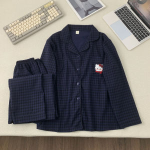 Bộ Đồ Ngủ Nữ Họa Tiết Ca Rô Thêu Hình Chó Tay Dài Dài Đến Mắt Cá Chân Chất Liệu Polyester Mặc Nhà Thoải Mái Size Lớn