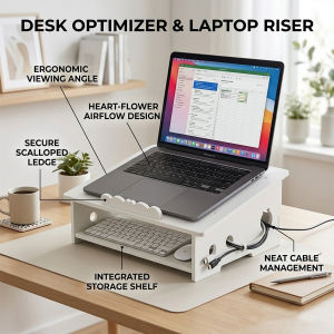 White Laptop Riser with Storage Shelf Ergonomic Notebook Stand with Cable Management
