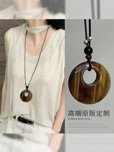 New Chinese Style Long Necklace Womens Brown Tiger Eye Stone Pendant Sweater Chain Accessory Unique Design Fashion Jewelry