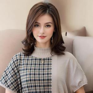 Wig medium and long curly hair medium bangs pear flower roll middle-aged and elderly mother full headgear