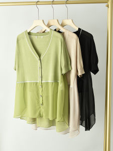 Summer Womens V-Neck Short Sleeve Ice Silk Knitted Open Cardigan Midi Length Splice Chiffon Shirt Draping Sensation PA201