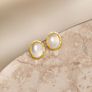 ZHOU LIU FU 周六福 925 Sterling Silver Earrings Chalcedony Stud Earring Natural Gemstones 18K Gold Plated Fashion Earring for Women Girl J0913756