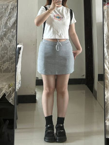 Gray A-Line Mini Skirt with Drawstring Womens Spring Autumn Sporty Slimming Meat Covering High Waist Half Body Skirt