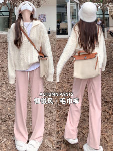 Pink Fleece Lined Wide Leg Pants Womens Loose Casual Straight Cut Drapey Comfortable Autumn Winter New Style Korean Style