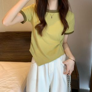 Short Sleeve Womens T-Shirt Color Block Design Casual Fashion Summer Top Asymmetrical Short Style Student Clothes Cotton