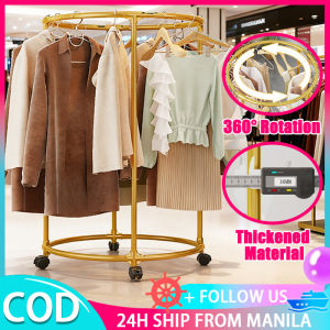 Rotating Clothes Rack With Wheels Clothes Rack Stand Heavy Duty Movable Metal Clothing Organizer 360° Rotating Circular Clothes Hanger Multi-Purpose Floor Drying Shelf Thickened Save Space For Bathroom Balcony Bedroom Indoor
