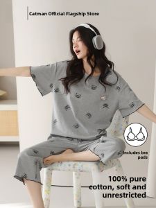 miiow | Pure Cotton Sleepwear Set With Chest Pad Womens Casual Short Sleeve Five-Quarter Pants Breathable Lightweight Summer Home Clothes
