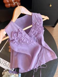 TIANANQI | Slimming French Style Purple Wooden Ear V-Neck Sleeveless Shirt