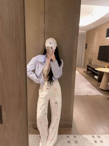 High Waist Embroidered Kitty Lace Waistband Jeans Womens Loose Fit Wide Leg Long Pants Casual Style Autumn Collection