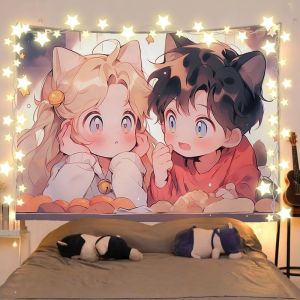 VIKAMA Đáng Yêu Anime Tai Mèo Người Yêu Món Ăn Tráng Miệng Ngôi Sao Thảm Polyester Phòng Ký Túc Xá Nền Treo Tường Cho Phòng Khách Phòng Ngủ