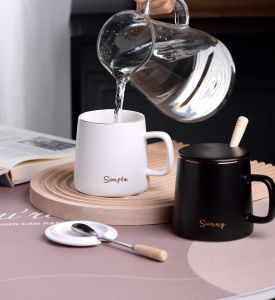 Cốc Cà Phê Bằng Gốm Sứ Dung Tích Lớn 450ml Có Nắp Và Thìa Thiết Kế Đơn Giản Màu Đen Trắng Cốc Sáng Tạo Cho Cặp Đôi Cốc Ăn Sáng