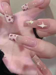 Romantic Luxury Detachable Handmade Nail Art Ice Transparent Gold Rose Leopard Pattern Extended Simple Elegant Nail Tips