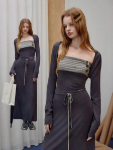 Unifree | American Casual Striped Contrast Waist-Cinching Dress Set