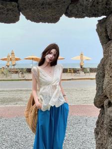 XUECAIQI | Summer Large Size Lace Embroidery V-Neck Shirt High Waisted Slim Fit Pants Set