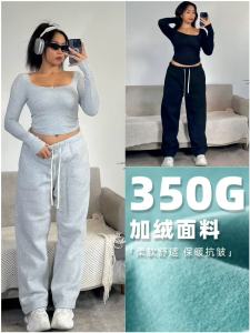 กางเกงขายาวทรงตรงบุขนแกะหนาสำหรับผู้หญิงในฤดูใบไม้ร่วงและฤดูหนาว กางเกงขายาวทรงหลวมสบาย ๆ ลำลอง อบอุ่น สไตล์สตรีท