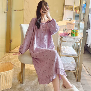 Cotton Yarn Nightdress Long Sleeves Girls Pure Cotton Cherry Long Sleeves Dress Gauze Pure Cotton Pajamas Women Spring and Autumn Homewear
