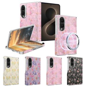 Floral Marble Pattern Case for Samsung Galaxy Z Fold 8 Ultra/8/7/6 Silver Electroplated Frame Built‑in Magnetic Wireless Charging Shockproof Hinge Protective Cover