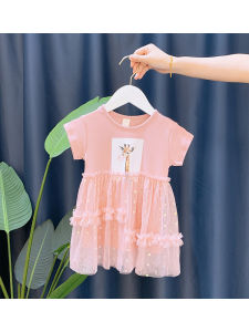 Summer Dress for One Year Old Girl Baby Two Years Old Girls Cartoon Animal Print Tulle Skirt Short Sleeve A-Line Dress