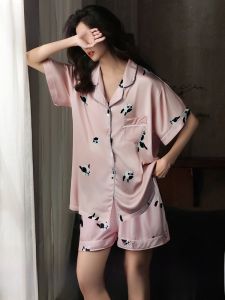 MiiOW | Áo ngủ lụa băng mùa hè cho nữ Áo ngủ tay ngắn Quần short thoáng khí thoải mái Áo ngủ mặc nhà cho nữ