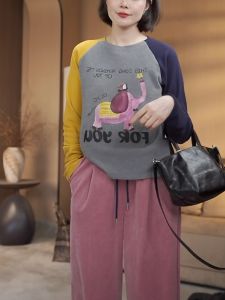 Áo Thun Nữ Dày Hai Mặt Lông Cừu Màu Khối in Họa Tiết Hoạt Hình Mùa Đông Cổ Tròn Tay Dài Thường Ngày Chất Liệu Khác