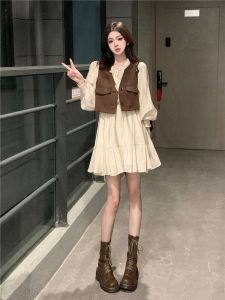 French Style Long Sleeve White Dress Womens Spring Autumn High Waist Slimming Fairy Skirt Short Dress A-Line Silhouette