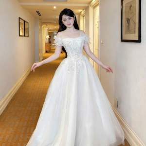 Đầm maxi cưới trễ vai TRIPBLE T DRESS kết hoa ren nổi- size S/M/L - MS276V