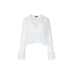 Romantic Lace Trim Shirt Womens Long Sleeve Fashion Original Design Polyester Fiber LE FAME Flash Diamond Decorated Top