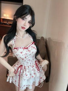 GUZILIAN | Sweet Pure Desire Floral Print Halter Neck Crop Top High Waist Lace Butterfly Knot Cake Skirt Set Womens Korean Style Commute