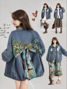 KEIKO | Áo Khoác Jean Đính Nơ Thêu Phong Cách Retro Pháp Elegance
