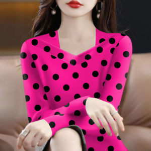 New Long Sleeve V-Neck Printed T-Shirt Womens Casual Style Versatile Base Shirt Slimming Belly Covering Spring Autumn Essential