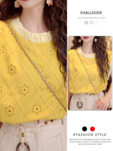 Shalldoer | French Elegant Unique Beautiful Small Flying Sleeve Shirt Womens Fashion Design Top Polyester Fiber Short Sleeve Regular Length