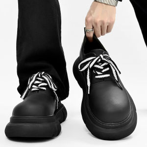 Cleanfit Mens Derby Shoes Thick Bottom Casual Matte Black Commuter Leather Shoes Fashionable British Style All-Match