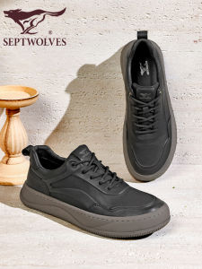 Casual Black Leather Shoes for Men Trendy All-Match Sports Shoes Septwolves 2025 New Style Summer Breathable round Toe Thick Bottom