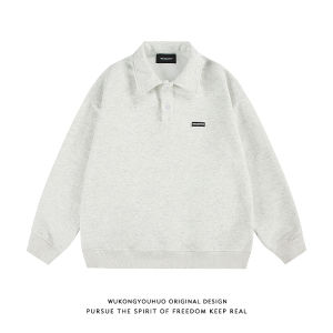 เสื้อโปโลแขนยาวสีพื้นสำหรับผู้ชาย ทรงหลวม สไตล์ลำลอง ฤดูใบไม้ร่วง แฟชั่น เสื้อสเวตเตอร์คอปกตั้ง สไตล์ย้อนยุค