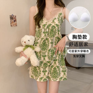 ชุดนอนผ้าฝ้ายพิมพ์ลายคอวีหวานสําหรับผู้หญิงชุดชั้นในฤดูร้อนพร้อมกางเกงขาสั้นแผ่นหน้าอกและชุดนอนสองชิ้นยอดนิยม