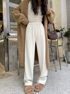 กางเกงขายาวทรงหลวมเอวสูงสำหรับผู้หญิง กางเกงขายาวทรงตรงผ้าขนแกะหนา ทรงหลวม ทรงลำลอง ฤดูใบไม้ร่วง/ฤดูหนาว