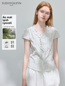 Áo Sơ Mi Tay Ngắn Phong Cách Ngọt Ngào Có Nếp Nhăn Sọc