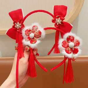 New Year Childrens Headwear Plush Tassel Hairband Girls Butterfly Knot Flower Headband Year End Festival Hair Accessories