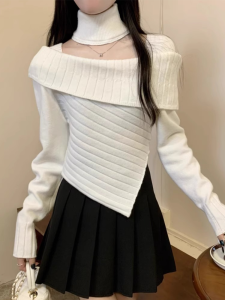 Pure Desire Square Collar Long Sleeve Womens Knitted Sweater Autumn Winter Irregular Design Neck Hanging Top Quality Inner Wear