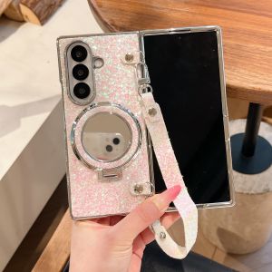 High-End Silver Shiny Powdered Compact Mirror Stand Magnet Phone Case with Lanyard for Samsung Z Fold 7/6/5/4/3 Protective Cover