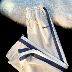 Boys Summer Casual Striped Wide Leg Pants Straight Cut Color Block Sports Trousers for Middle And Large Children