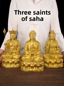 BINYUE | Pure Brass Western Saha Triad Statue Buddha Guanyin Bodhisattva Home Sitting Lotus Display