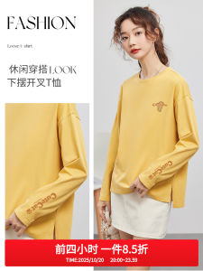 Pure Cotton Long Sleeve T-Shirt Womens Loose Bottom Split Spring Autumn Base Layer Shirt Korean Style Commute Print Casual