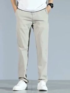 กางเกงแห้งเร็วระบายอากาศดีผ้าไหมน้ำแข็งฉบับภาษาเกาหลีสำหรับผู้ชายกางเกงขาตรงกางเกงจ๊อกกิ้งทันสมัยและเอวยืดหยุ่นสบายสไตล์ยูนิเซ็กส์