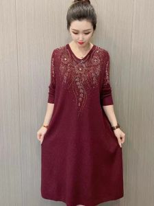 Elegant V-neck Knitted Dress Wedding Dress Long Sleeve Slimming Loose Fit Luxury Autumn New Arrival Polyester Wool Blend